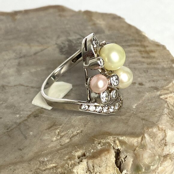 Joseph Esposito Sterling Silver 925 Pearl & Cubic Zirconia Cocktail Ring Sz 7 - Picture 14 of 16
